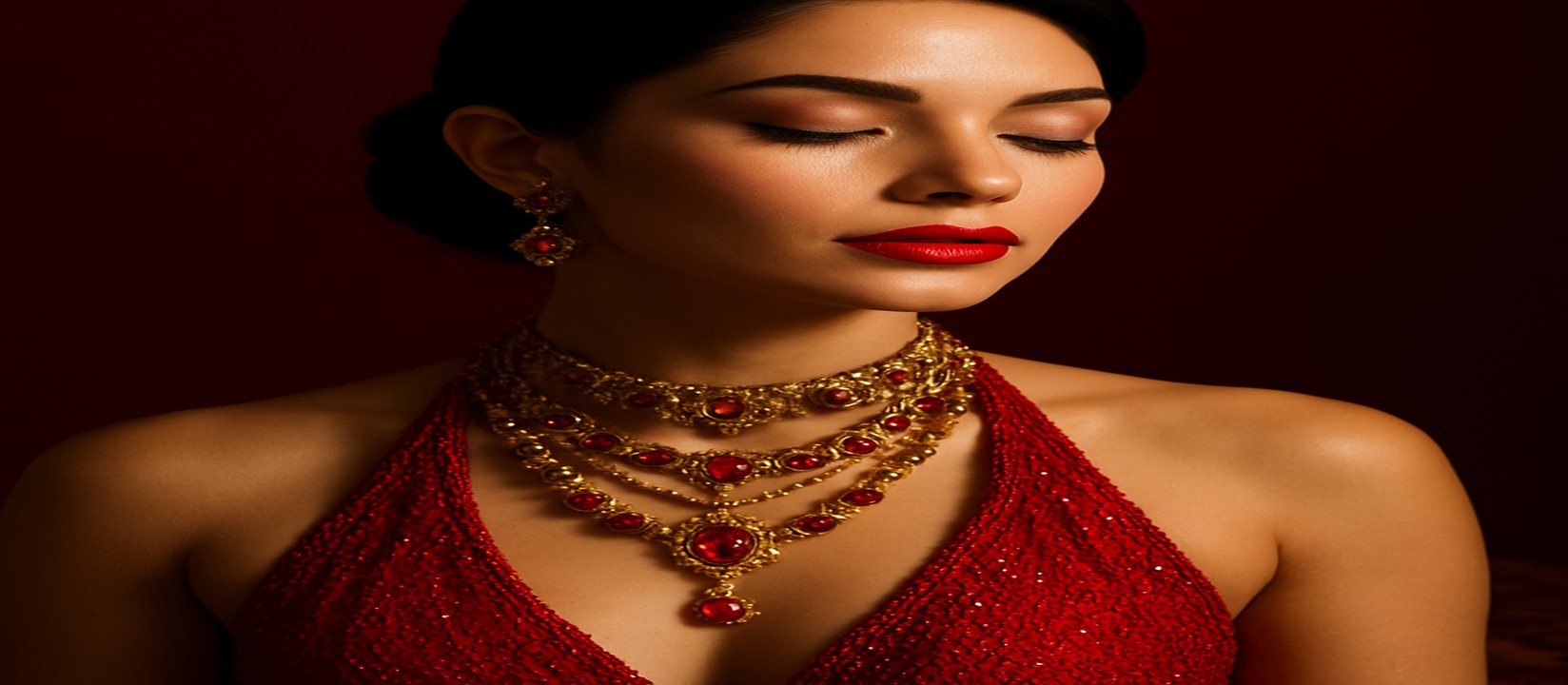 গেমিং প্ল্যাটফর্মে 7777bdt–র টেবিলে লাল পোশাকে সজ্জিত এক নারী