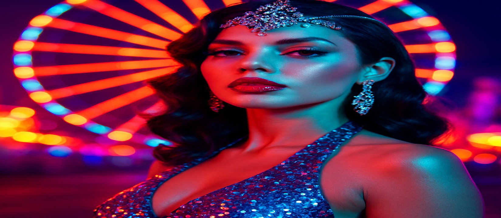 রঙিন গেমিং প্ল্যাটফর্মের সামনে 7777bdt-এর উজ্জ্বল পোশায় এক নারী